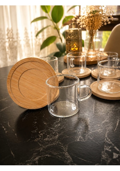 Borosilikat Cam Bardak 12 Parça Bambu Altlık İle Çay Ve Espresso Seti Ahşap