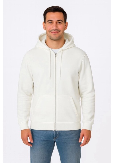 Efnaz Style Erkek Üç İplik Kapüşonlu Tam Fermuarlı Kanguru Çepli Sweatshirt Hoodie - Beyaz