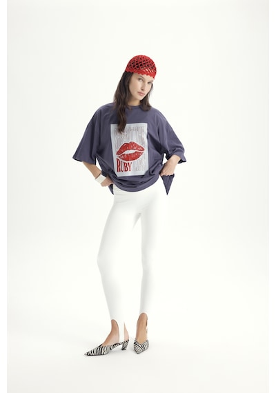 Mai Studios Co. Lip Print Oversize Füme T-shirt Füme