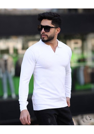 Classics Men Gewer Polo Yaka Uzun Kol Erkek Örme Triko-7152 Beyaz