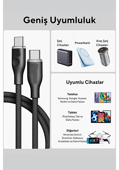 100w Type-c To Type-c Örgülü Hızlı Şarj Ve Veri Aktarım Kablosu /