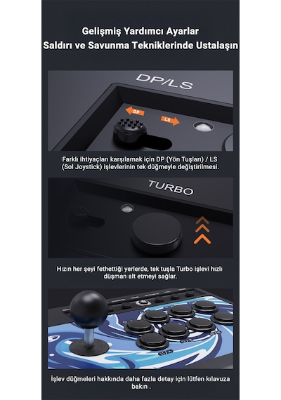 008 Arcade Dövüş Kolu Mavi Switch Mekanik Tuşlar, 50 Milyon Basım, Turbo Fonksiyonu, Klasik Çelik Joystick
