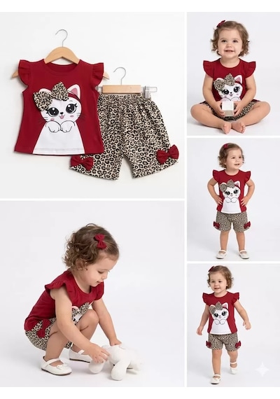 Hsc-bilisim 9/24 Ay Leopar Kedi Baskılı Bebek Takımı - Name1: Renk Çok Renkli
