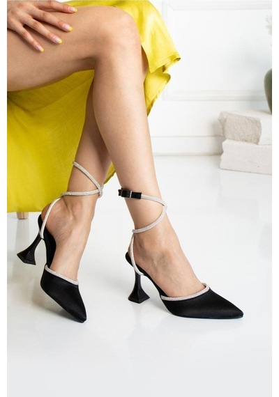 Duxal Shoes Bordo Saten Bilekten Bağlamalı Topuklu Kadın Ayakkabı Siyah