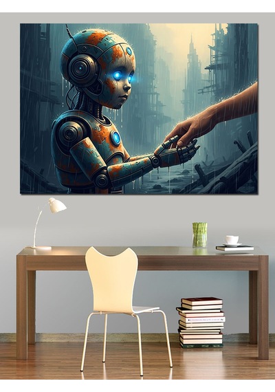 Ahşap Tablo İnsan Elini Tutan Küçük Robot