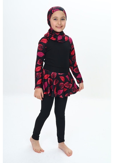 My Kids Wear Üç Parça Kız Çocuk Haşema, Tesettür, Etekli, Kapalı Mayo Mint Yeşili - Pembe