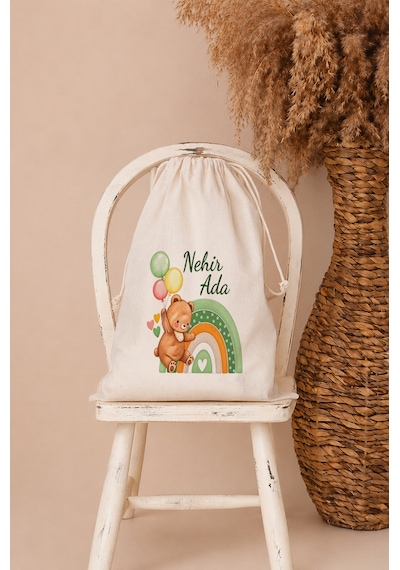 İsme Özel Kız Bebek Çocuk Kıyafet Kesesi 30x40 Cm %100 Pamuk Ham Bez İsim Baskılı Yıkanabilir Kişiye Özel Kese 2083kk Ekru