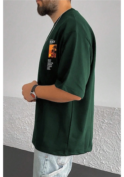 Erkek Beach Baskılı Oversize Tshirt Yeşil