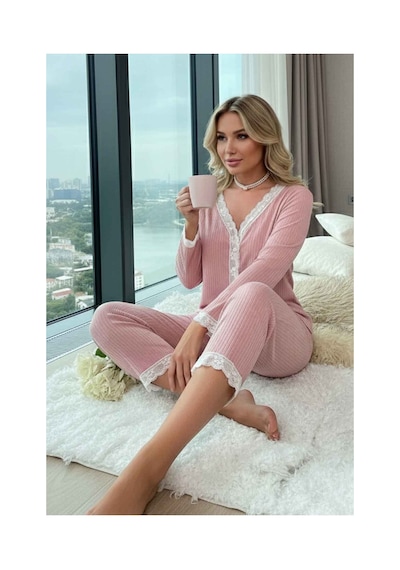 Merry See Ribanalı Dantel Detay İki Parça Pijama Takım Pembe