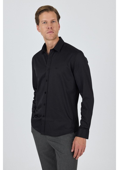 İmza Uzun Kol Düz Bez Ayağı Sert Yaka Cepsiz Pamuklu Classic Slim Fit Gömlek 1004250211 Siyah