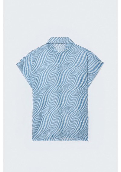 Sateen Kısa Kollu Zebra Desenli Gömlek - Mavi-137643