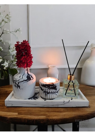 Mermer Desenli Mum Ve Vazo Seti - Vazo Oda Kokusu Tealight Mumluk Ve Mum Dikdörtgen Tepsili Beyaz - Siyah