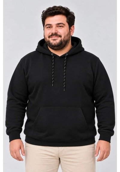 Butik İstanbul Erkek Battal Büyük Beden Üç İplik İçi Şardonlu Kapüşonlu Kanguru Cepli Kışlık Sweatshirt - Siyah
