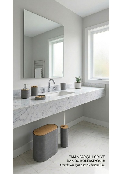 Makri Home 6 Parça Bambu Kapaklı Banyo Seti, Gri, Oval, Hacim: 8 Litre Gri