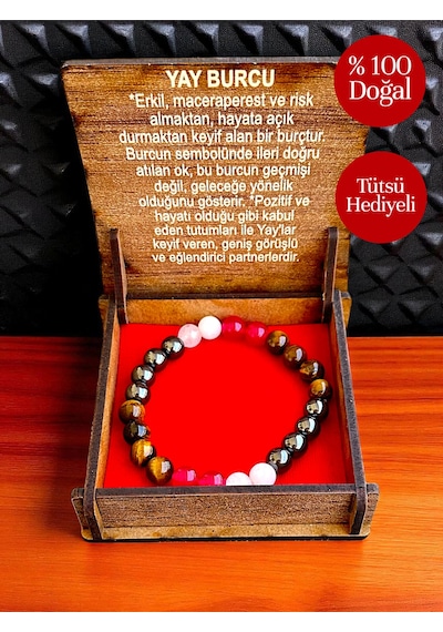 Yay Burcu Doğaltaş Bileklik Tütsü Hediyeli %100 Doğal Taş, Hediyelik Kutulu Set Çok Renkli