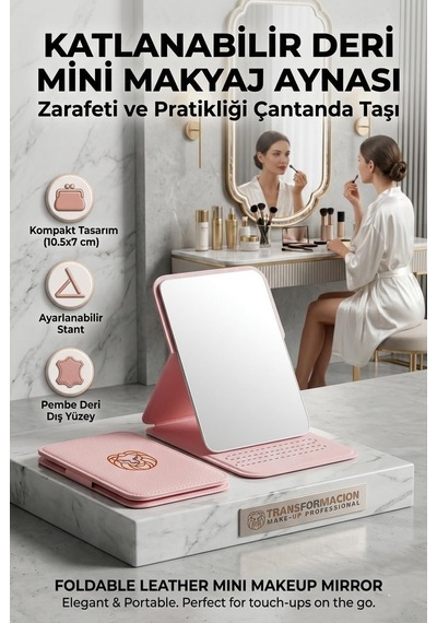 Katlanabilir Stantlı Makyaj Aynası / Pembe Deri Çanta Boyu Mini Ayna 723190 Genel