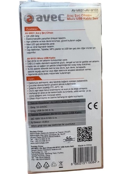 Avec Av-m631+av-w101 Çakmaklık Araç Şarj Seti Micro Usb Kablolu