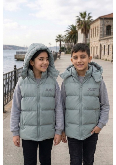 Pina Kids Unisex Çıtçıt Kapüşonlu Baskılı Şişme Yelek Mint Yeşili