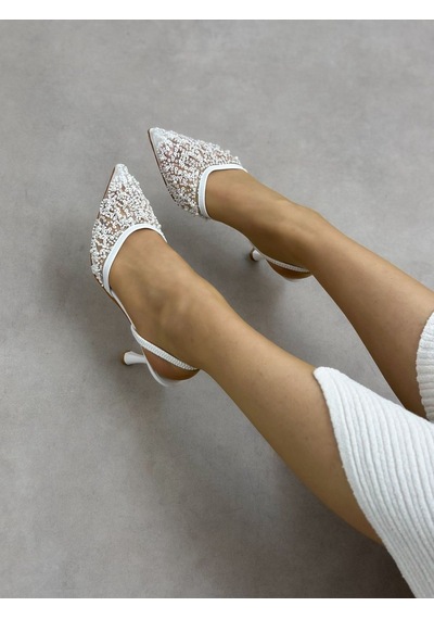 Ervanın Butiği Beyaz Pullu Wely Lastikli Kadın Stiletto-6239 Beyaz Cilt
