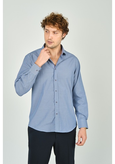 De Leone Erkek Slim Fit Ekoseli Uzun Kollu %100 Pamuk Gömlek 2062 Mavi Mavi