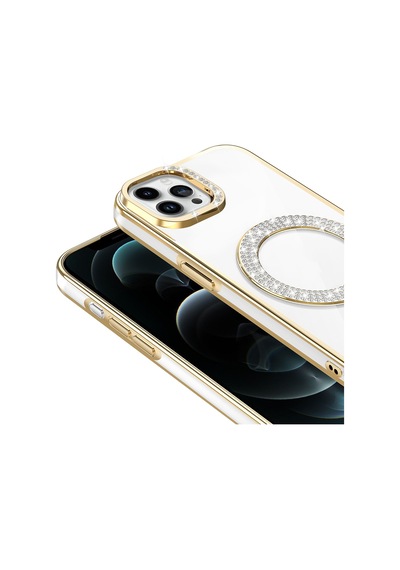 Apple Uyumlu iPhone 12 Pro Kılıf Pırlanta Taş Tasarımlı M-safe Şarj Özellikli Karetta Silikon Kapak Gold