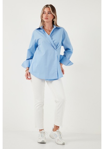 Lela Regular Fit Klasik Yaka Bağlamalı Uzun Kollu Bayan Gömlek 6834987 Mavi