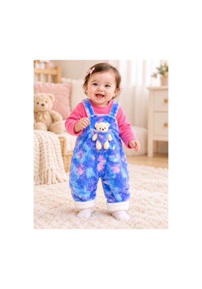 Messlife Peluş Ayıcıklı Kız Bebek Salopet Takımı Mavi - 929587879 Mavi