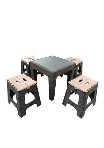 Evko Mobilya Kamp Seti, Piknik Seti, Masa Tabure Seti, Portatif Set, Plastik Katlanabilir Set, 4 + 1 Set Kahverengi