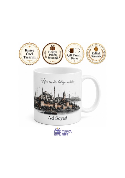 Fatih Tarihi Yarımada Silüeti İstanbul Kültürü Çay Kupası Özel Tasarım Hediye Bardak Beyaz / Çok Renkli