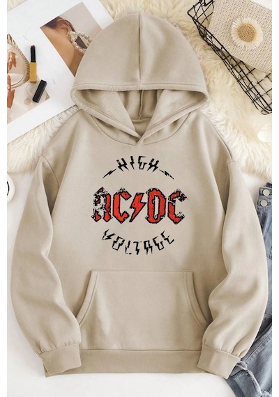 Blackjack Giyim Acdc Oversize Kapüşonlu Sweatshirt Bej