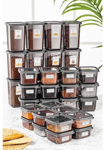 Meleni Home 36'lı Kare Bakliyat Saklama Kabı Etiketli Erzak Kabı  12 x 300 - 500 - 1100 ML Gri