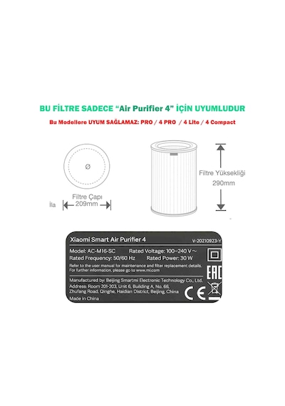 Xiaomi Smart Air Purifier 4 Uyumlu Filtre Hepa Karbon Gri High Efficiency Rfid