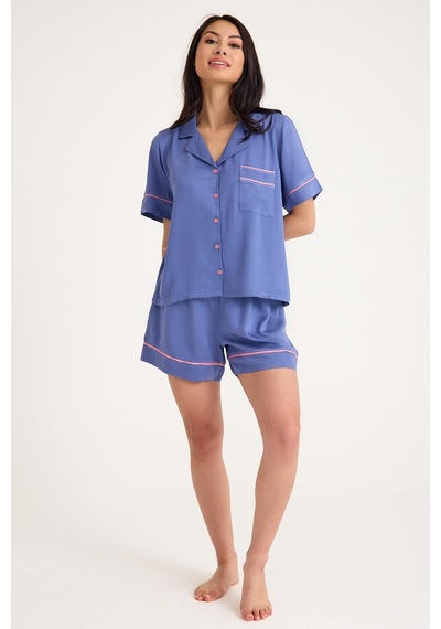 Amarelle Dream Gri Mavi Viskon Kısa Kollu Şortlu Önden Düğmeli Pijama Takım Mavi