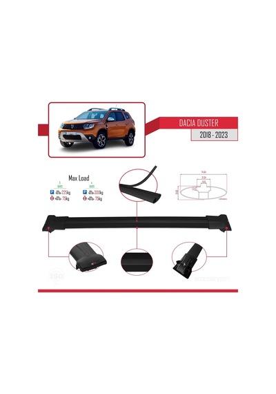 Dacia Duster 2018-2023 Arası İle Uyumlu Fly Model Ara Atkı Tavan Barı Siyah 3 Adet Bar