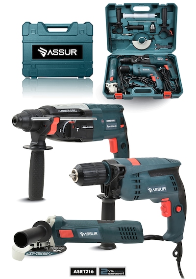Assur Profesyonel ASR1216 Elektrikli Matkap + Taşlama + Kırıcı Delici + Hilti Mavi 3'lü Set