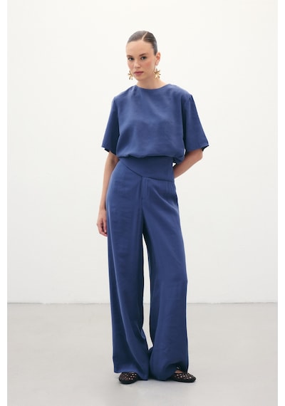Sateen Kemer Detaylı Modal Pantolon - İndigo-136376 Indigo