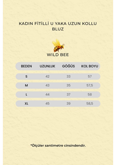 Wild Bee Kadın Lacivert Fitilli U Yaka Uzun Kollu Bluz