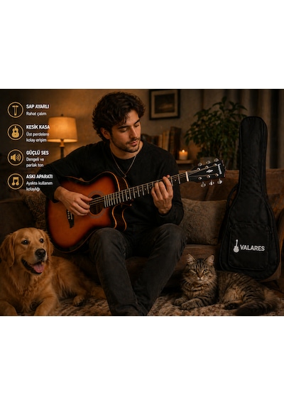 Valares 38c Kesik Kasa Sap Ayarlı Akustik Gitar 38 4/4 Full Aksesuar Hediyeli Sunburst Suhr Burst