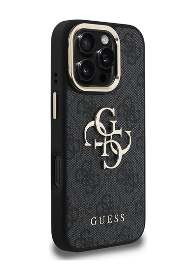 Apple iPhone 16 Pro Uyumlu Kılıf Guess Lisanslı Metal 4g Ve Yazı Logolu Kamera Standlı Kapak Siyah