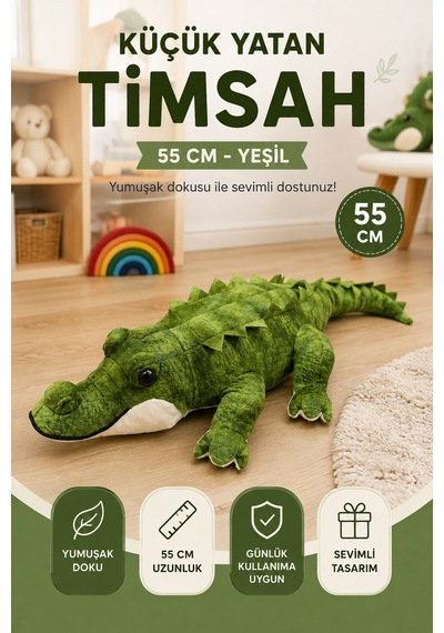 55 Cm Peluş Timsah Küçük Boy Yumuşak Oyuncak Uyku Arkadaşı Sevimli Peluş Timsah Yeşil