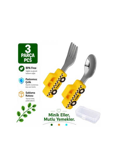Jojobebek Kaşık Çatal Seti, Ergonomik Kısa Saplı Silikon, Paslanmaz Çelik Uçlu, Saklama Kutulu, (9-24 Ay) (TAKSİ FİGÜRLÜ-SARI)