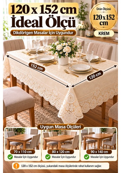Krem 120x152 Cm Dantel Görünümlü Pvc Masa Örtüsü Sıvı Geçirmez Silinebilir Mutfak Masa Örtüsü Lüks