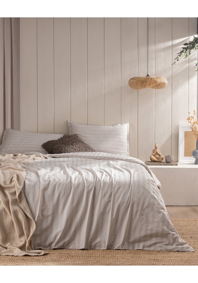 Madame Coco Melicia Çift Kişilik Pamuklu Çizgili Saten Baskılı Çarşaflı Nevresim Takımı - Bej 8684427351208 Çok Renkli