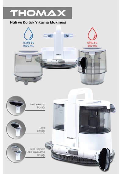 Thomax Dmw001a Koltuk Halı Yıkama Ve Leke Çıkartma Makinesi 1500 Ml Temiz 850 Ml Kirli Su Haznesi 600w Güç