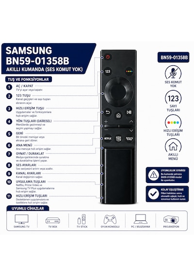 Samsung Uyumlu Bn59-01358b Akıllı Tv Kumandası Netflix, Prime Video, Samsung Uyumlu Tv Plus Tuşlu Ses Komutsuz