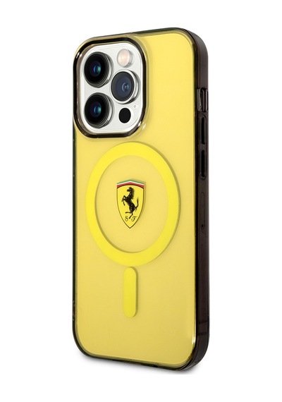 Apple Uyumlu iPhone 14 Pro Max Kılıf Ferrari Magsafe Şarj Özellikli Yarı Transparan Dizayn Kapak Sarı