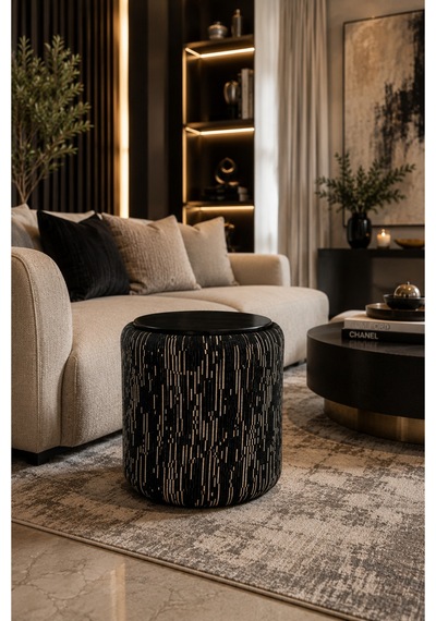 Premium Dokuma Kumaş Puf Sehpa 40x46 Cm Modern Yuvarlak Oturma Pufu Dekoratif Siyah Gold - 878843025 Siyah Gold