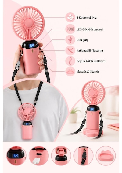 Busstier Taşınabilir Mini El Fanı Led Dijital Göstergeli 5 Kademeli Sessiz Usb Şarjlı Katlanabilir Masaüstü Boyu
