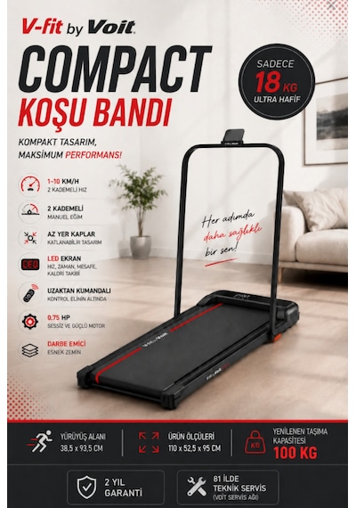 Voit Compact Ultra Hafif Koşu Bandı – Manuel Eğimli, Katlanabilir Tasarım 10Km/Hız