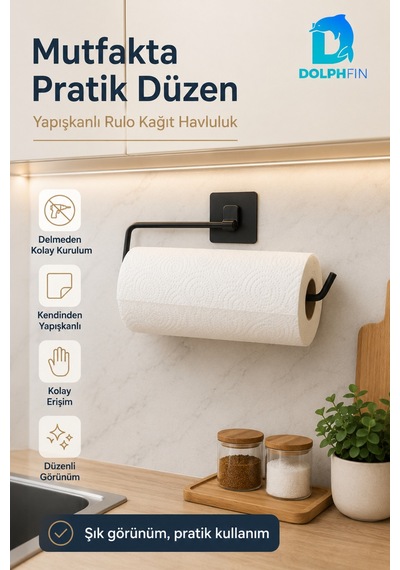 Yapışkanlı Rulo Kağıt Havluluk Mat Siyah Delmeden Montajlı Mutfak Banyo Havlu Askısı